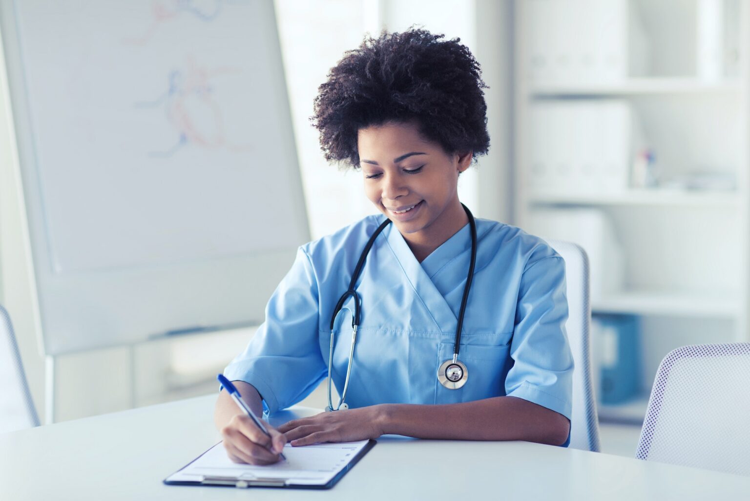 happy female doctor or nurse writing to clipboard